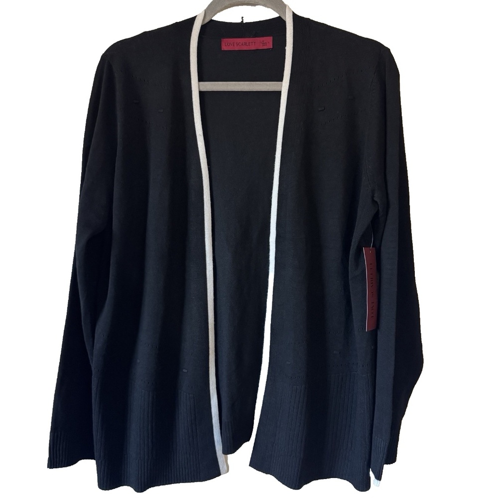Love Scarlett Open Cardigan Sweater Womens Black White Trim Size Medium New
